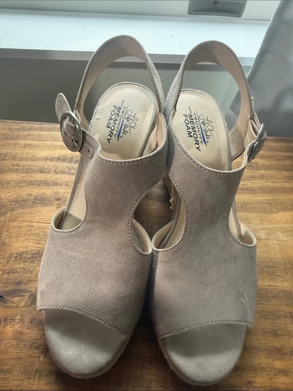 Life Stride Velocity Memory Taupe Suede Open-Toe Slingback Wedge Sandals